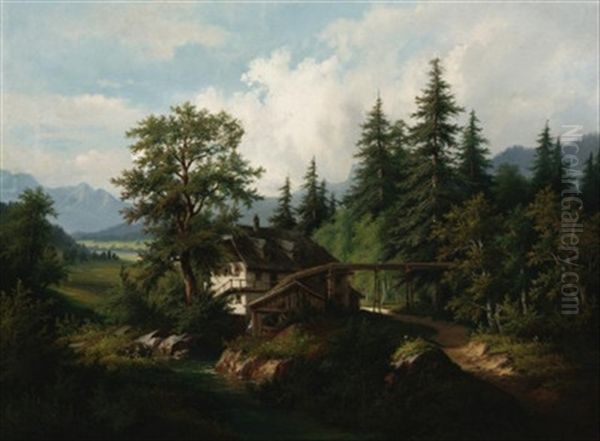 Wassermuhle In Voralpenlandschaft Oil Painting by Josef Burgaritzky