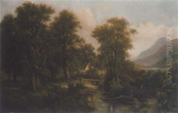 Gebirgslandschaft Mit Fluss Oil Painting by Josef Burgaritzky