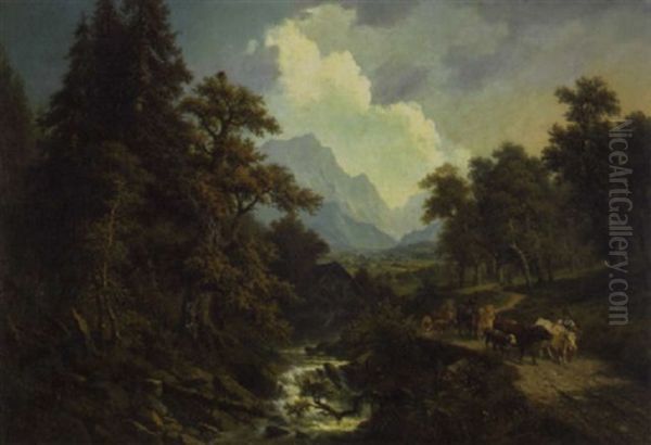 A Mountainous Landscape And A Shepherdess With Her Flock And Cattle By A Stream Oil Painting by Josef Burgaritzky