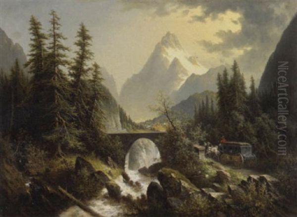 An Alpine Landscape With A Carriage By A Bridge In The Foreground Oil Painting by Josef Burgaritzky