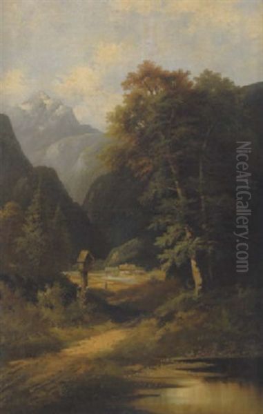 Hauser In Herbstlicher Tallandschaft Oil Painting by Josef Burgaritzky