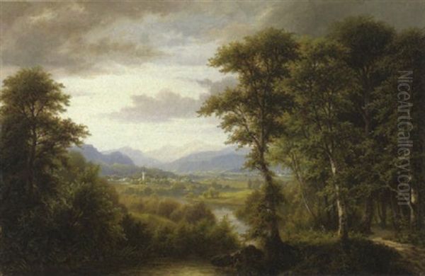 Blick In Ein Weites Gebirgstal Oil Painting by Josef Burgaritzky