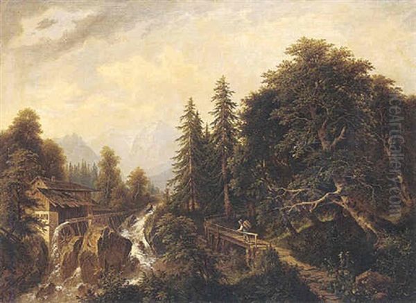 Gebirgige Landschaft Mit Muhle Und Sturzbach Oil Painting by Josef Burgaritzky