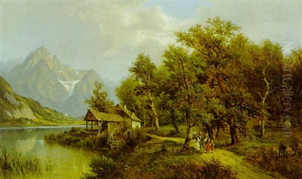 Motiv Aus Dem Salzkammergut Mit Figurlicher Staffage Oil Painting by Josef Burgaritzky