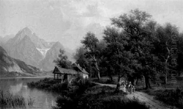 Gebirgssee Mit Wassermuhle Und Den Schneebedeckten Bergen Im Hintergrund Oil Painting by Josef Burgaritzky