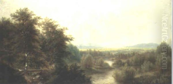 An Extensive River Landscape, With A Mountain Range Beyond Oil Painting by Josef Burgaritzky