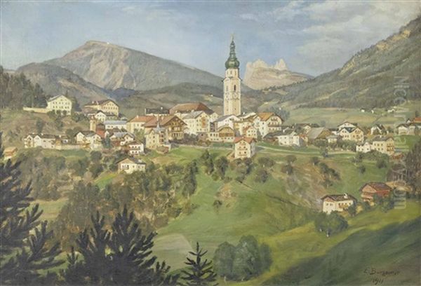 Ort Mit Hohem Kirchturm In Sudtirol Oil Painting by Eduard Burgauer