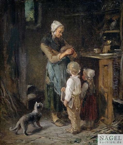 Kucheninterieur Mit Mutter, Kindern Und Katze Oil Painting by Anton Burger