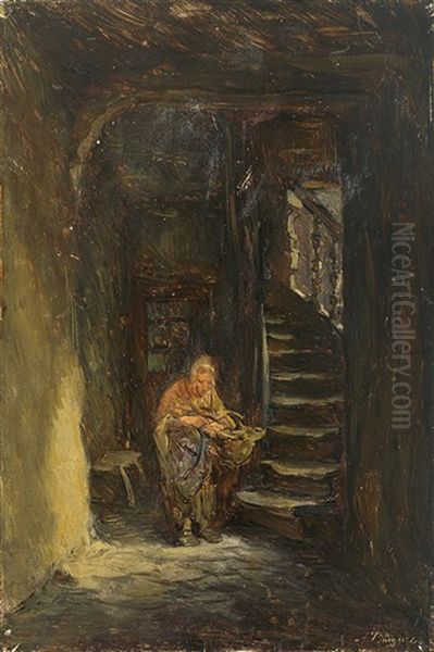 Blick In Mittelalterliches Haus Mit Malerischer Treppe Und Alter Hausbesorgerin Oil Painting by Anton Burger