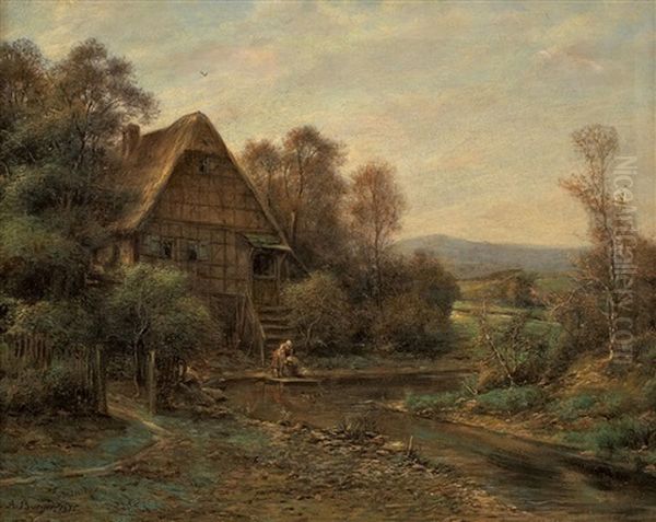 Landschaft Mit Fachwerkhaus Und Wascherin An Einem Bach Oil Painting by Anton Burger