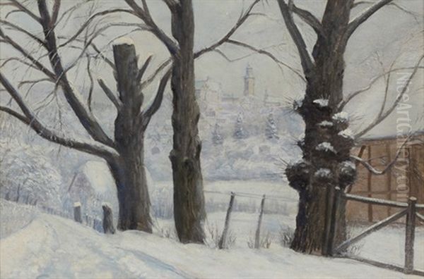 Blick Auf Kronberg In Verschneiter Winterlandschaft Oil Painting by Anton Burger