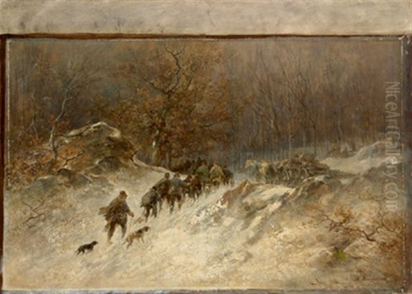 Winterliche Jagdgesellschaft Oil Painting by Anton Burger