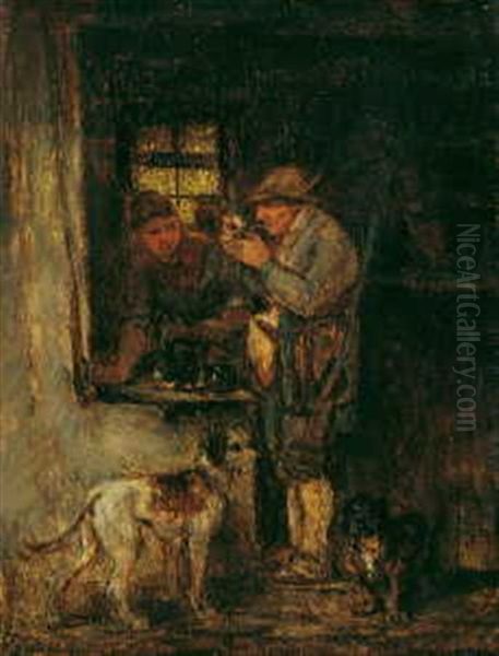 Wirtshausinterieur Mit Einem Jager Und Zwei Hunden Oil Painting by Anton Burger