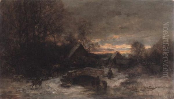 Winterliche Nachmittagsstimmung Mit Netzfischerinnen Und Pferdeschlitten Vor Dorfkulisse Oil Painting by Anton Burger