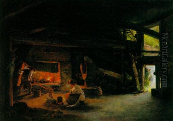 The Blacksmith's Forge Oil Painting by Anton Burger