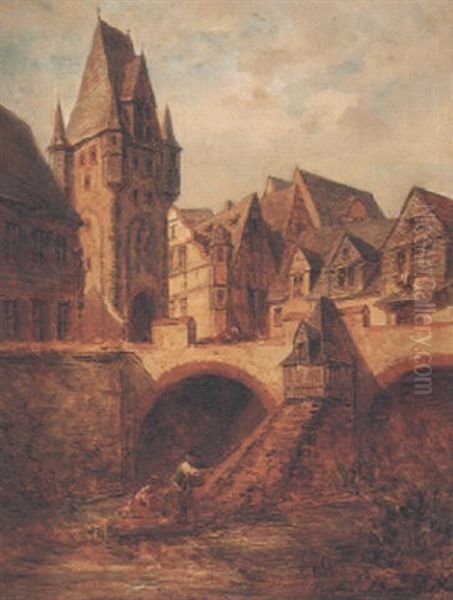 Der Sachsenhauser Bruckenturm Im Jahr 1750 Oil Painting by Anton Burger