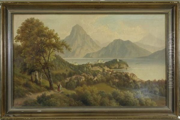 Blick Auf Traunkirchen Am See Mit Traunstein Im Hintergrund Oil Painting by Franz Burger