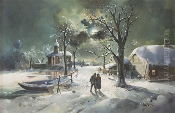 Vollmond-winternacht In Einem Dorf Mit Personenstaffage Oil Painting by Lothar Buerger