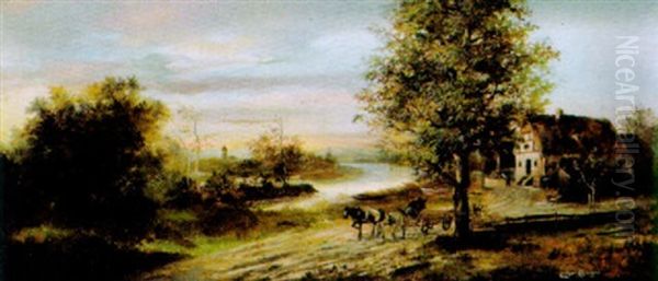 Fluslandschaft Mit Einer Kutsche Im Vordergrund Oil Painting by Lothar Buerger