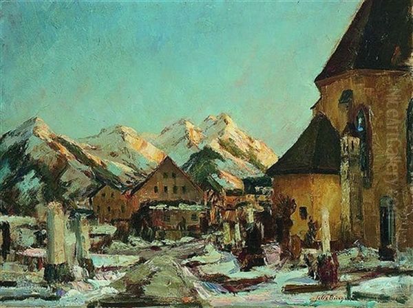 Cemetery In Wintry Mountain Village Oil Painting by Felix Buergers