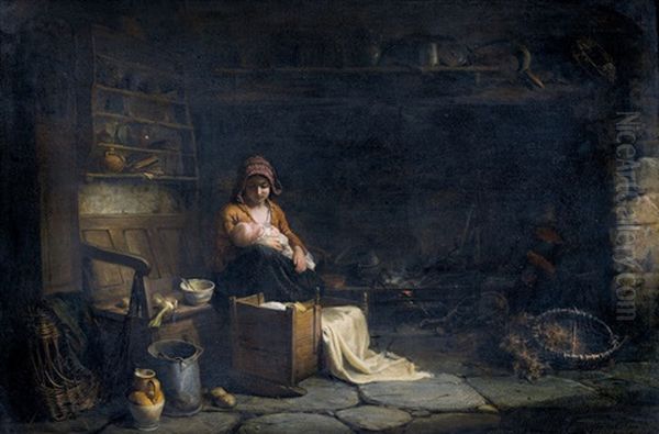 Mutter Mit Saugling Am Kamin Oil Painting by Hendricus-Jacobus Burgers