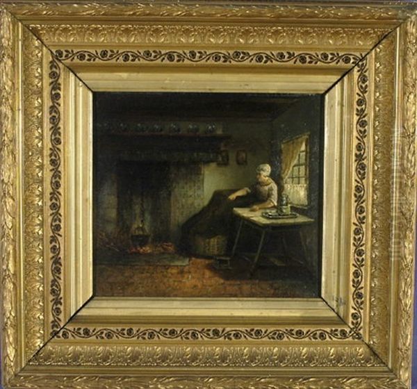 Sitzende Dame In Der Stube Mit Gekachelter Feuerstelle Oil Painting by Hendricus-Jacobus Burgers