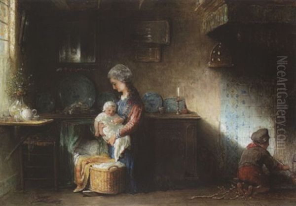 Junge Mutter Mit Ihren Kindern In Der Stube Oil Painting by Hendricus-Jacobus Burgers