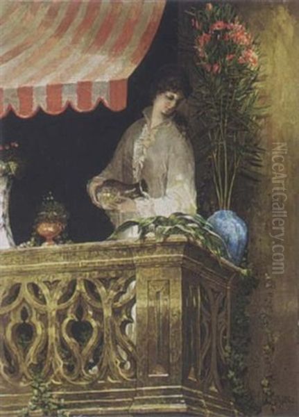 An Elegant Lady On A Balcony Oil Painting by Hendricus-Jacobus Burgers