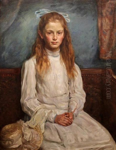 Girl With A Blue Bow Oil Painting by John Bagnold Burgess