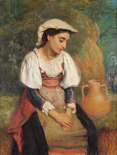 Waiting, Spanish Girl Seated Beside A Well Oil Painting by John Bagnold Burgess