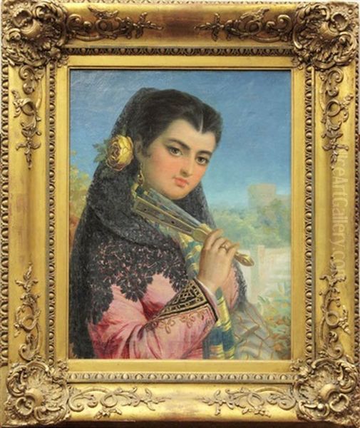 Spanish Lady With Yellow Rose And Fan Oil Painting by John Bagnold Burgess