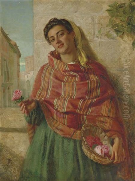 A Young Beauty Holding A Rose Oil Painting by John Bagnold Burgess