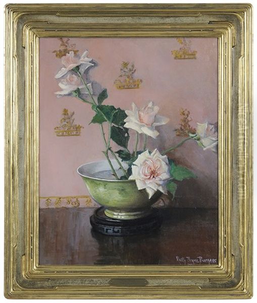 Pink Roses In A Green Bowl Oil Painting by Ruth Payne Burgess