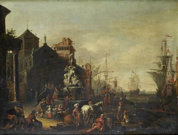 A Harbour Scene With A Fountain With Shipping At Anchor Beyond Oil Painting by Cornelis Jacobsz van der Burgh