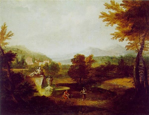 Eine Klassische Landschaft Mit Figuren Vor Einem Steinernen Brunnen Oil Painting by Cornelis Jacobsz van der Burgh