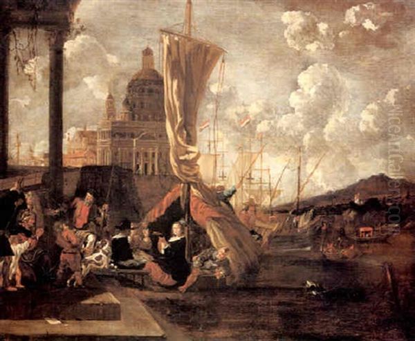 An Italianate Harbor With Figures Drinking And Music Making In A Docked Boat, A City View Beyond Oil Painting by Cornelis Jacobsz van der Burgh