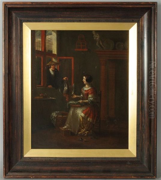 Eine Geflugelhandlerin Reicht Einer Dame Ein Huhn Durch Das Fenster Oil Painting by Hendrick Van Der Burgh