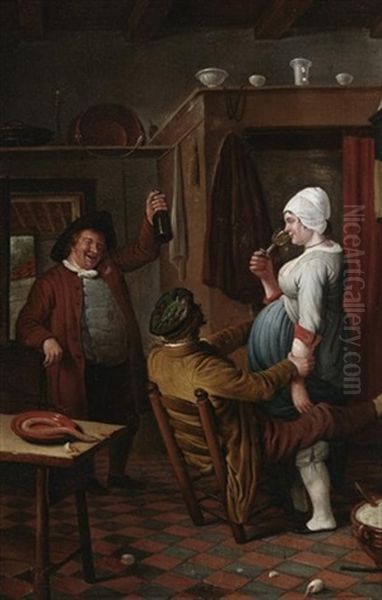 Die Verfuhrung. Junges Paar In Der Stube Wird Beim Liebesspiel Uberrascht Oil Painting by Hendrick Van Der Burgh