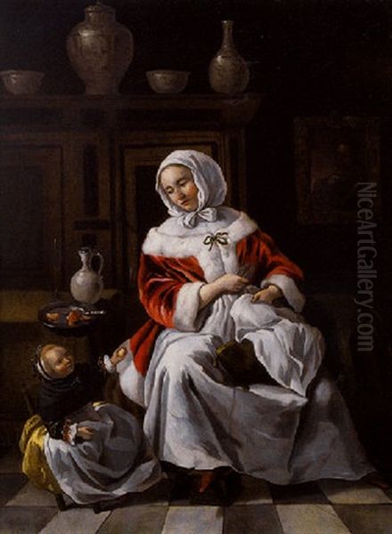 Jeune Femme Et Sa Fillette Dans Un Interieur Oil Painting by Hendrick Van Der Burgh