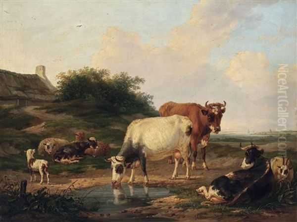 Weidevieh An Der Tranke Oil Painting by Hendrik Adam van der Burgh