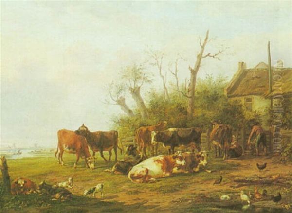 Cows On A Farm Oil Painting by Hendrik Adam van der Burgh