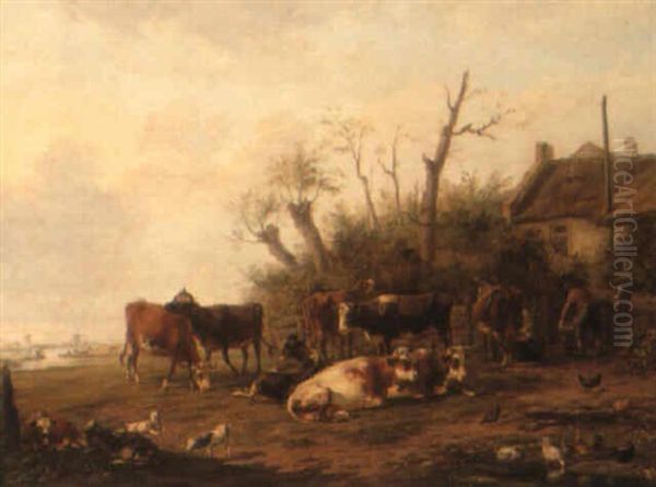 Cows On A Farm Oil Painting by Hendrik Adam van der Burgh