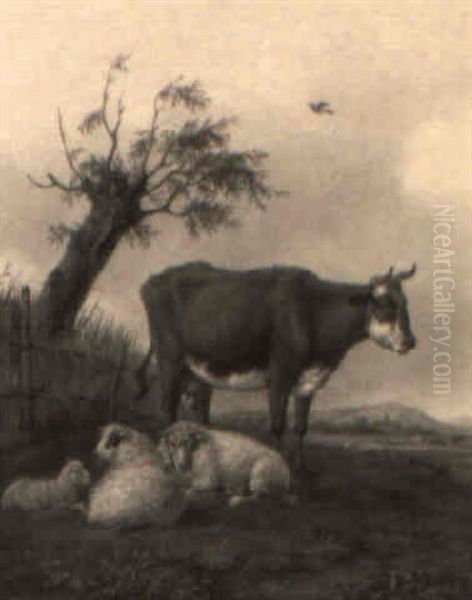 Landschap Met Koe En Schapen Oil Painting by Hendrik Adam van der Burgh