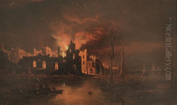 Building Being Ravaged By Fire Oil Painting by Pieter Daniel van der Burgh