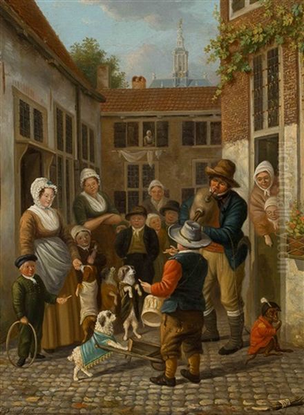 Street Artists And Onlookers On A Courtyard With The Nieuwe Kerk In The Hague In The Background Oil Painting by Pieter Daniel van der Burgh