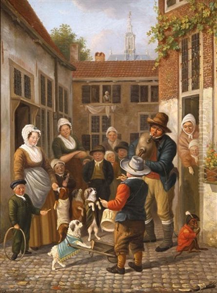 Straatmuzikanten En Toeschouwers In Binnenhof Te Den Haag, De Nieuwe Kerk In De Achtergrond Oil Painting by Pieter Daniel van der Burgh