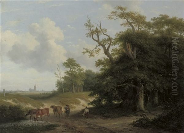 Cows In A Landscape With Farmers And Trees, A City In The Background Oil Painting by Pieter Daniel van der Burgh