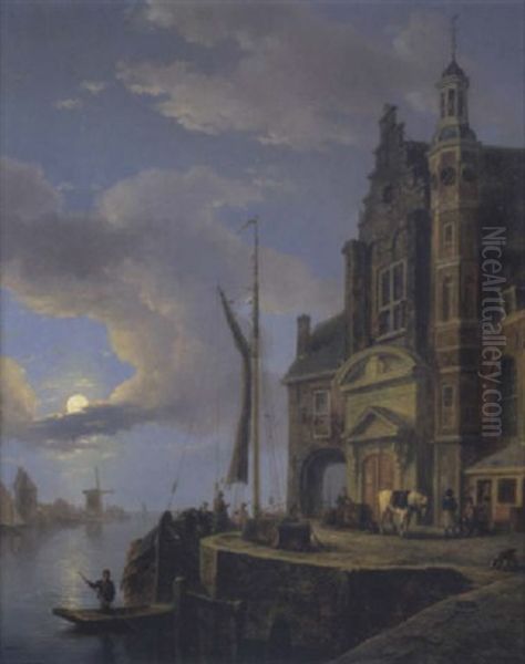 Ein Hollandischer Flushafen Mit Booten, Einem Pferdefuhrwerk Und Figuren Oil Painting by Pieter Daniel van der Burgh