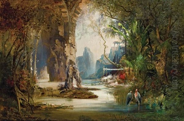 Tropische Phantasielandschaft Mit Marabus Oil Painting by Hermann Burghart