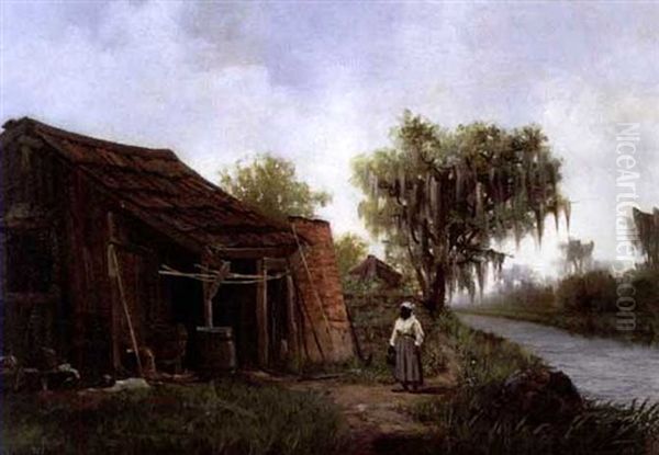 Cabin Scene Oil Painting by J.J. Gustave Burghoffer